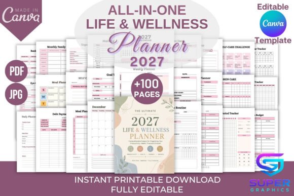 Download All-in-One Life &amp; Wellness Planner Canva - Premium Bundle